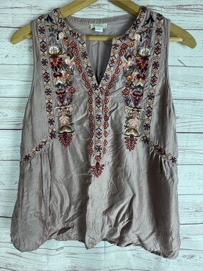 Sundance Silk Embroidered Tank Top Sz S Floral Boho Festival Chic
